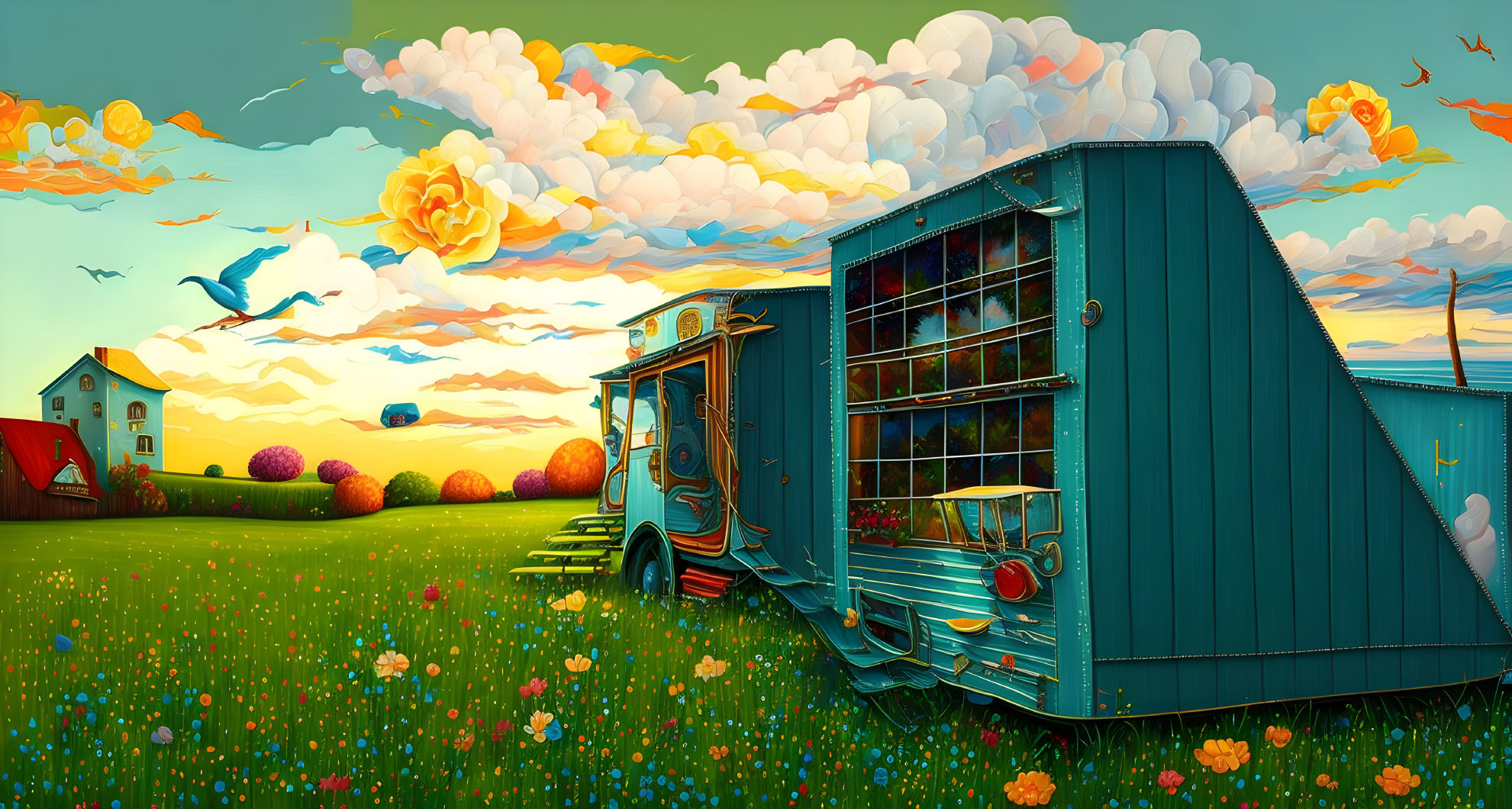 Colorful Train Car in Vibrant Flower-Filled Landscape