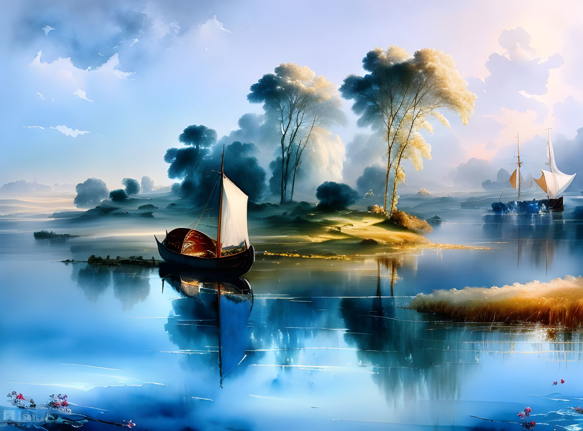 Tranquil landscape with boats on mirror-like lake surrounded by misty trees