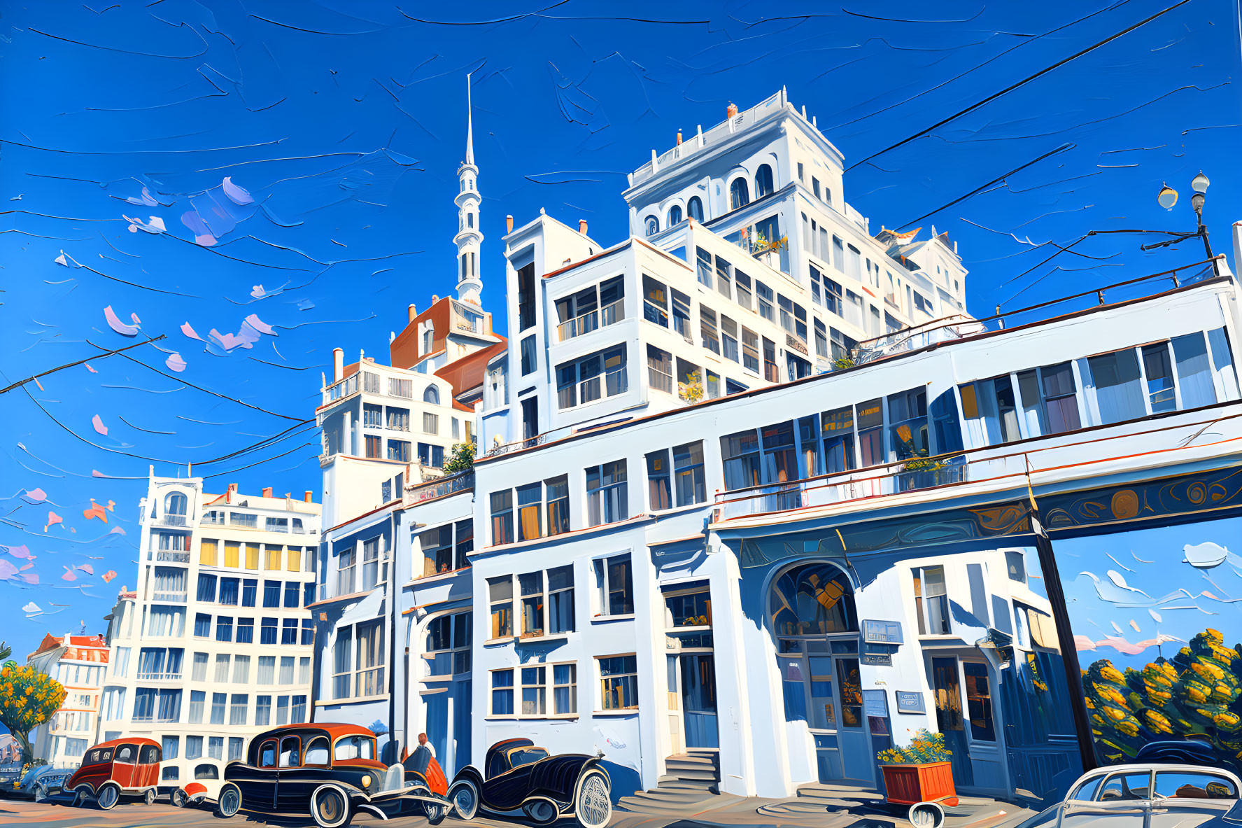 Vintage urban street scene with classic cars, art deco buildings, and floating leaves under blue sky