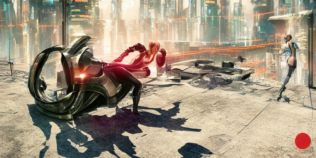 Futuristic cityscape with figures and sleek motorcycle amid high-tech buildings