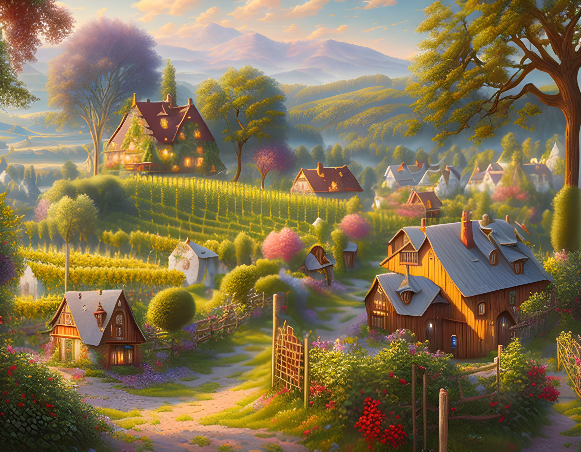 Tranquil village scene with cozy cottages, lush gardens, and blossoming trees