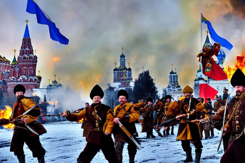 Traditional Cossack attire march near cathedral with smoke and flames