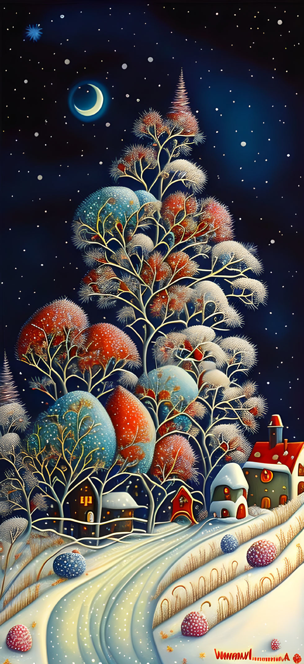 Colorful snow-covered trees and crescent moon in whimsical winter scene