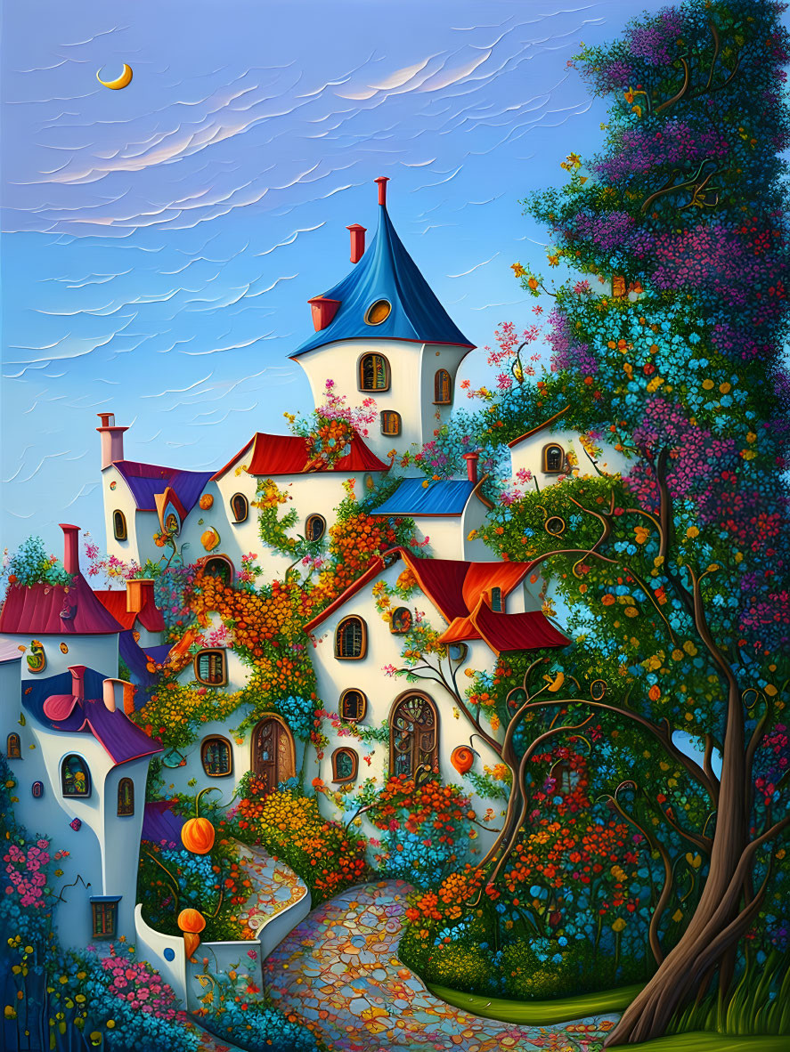 Colorful whimsical painting of fairy-tale house with flowers and moon