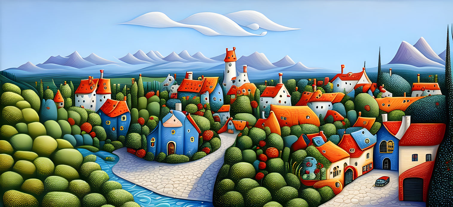 Colorful Storybook Cottages in Vibrant Landscape