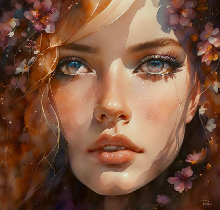 Detailed Artwork: Woman's Face with Ethereal Blue Eyes, Surrounded by Blooming Flowers and