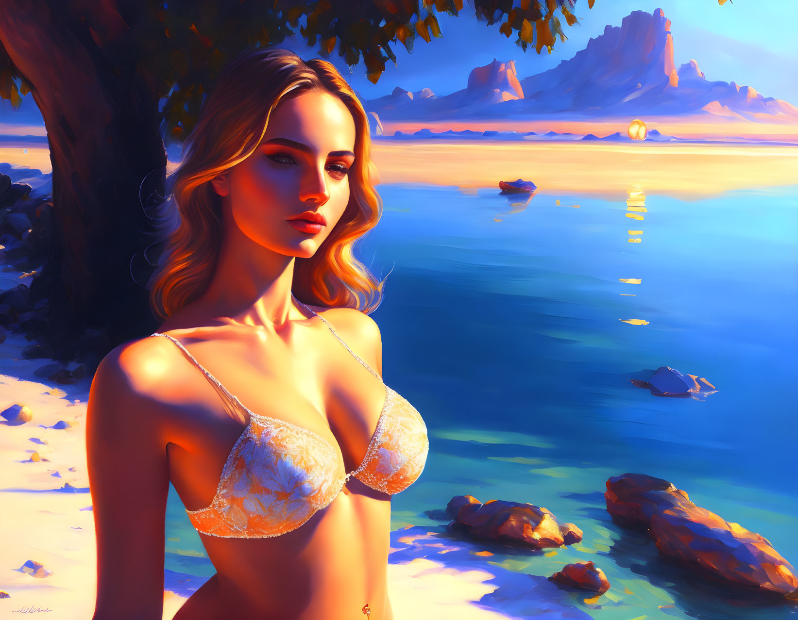 Digital artwork: Woman in bikini by serene lake at sunset