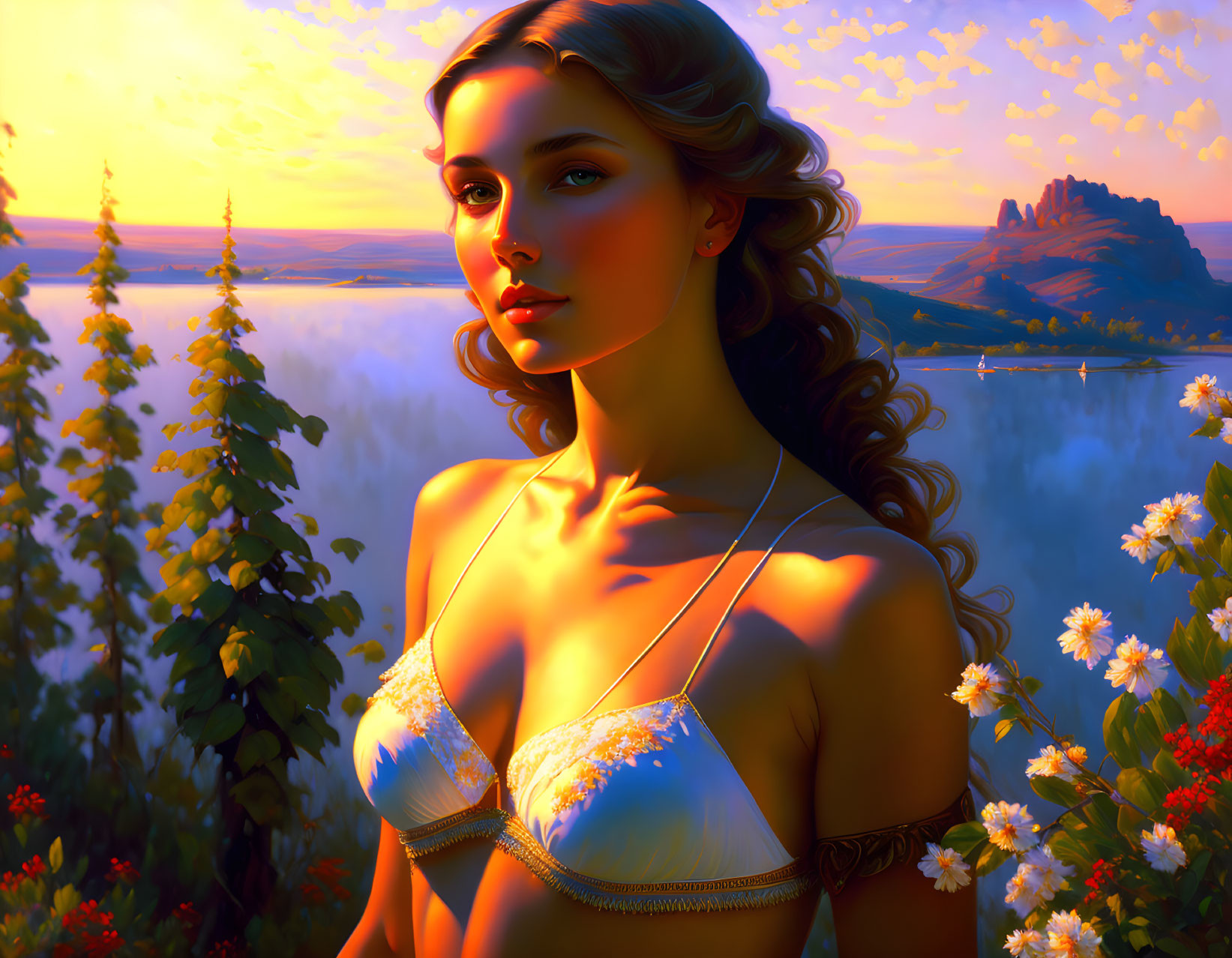 Digital artwork: Woman in white dress among vibrant flowers at sunset