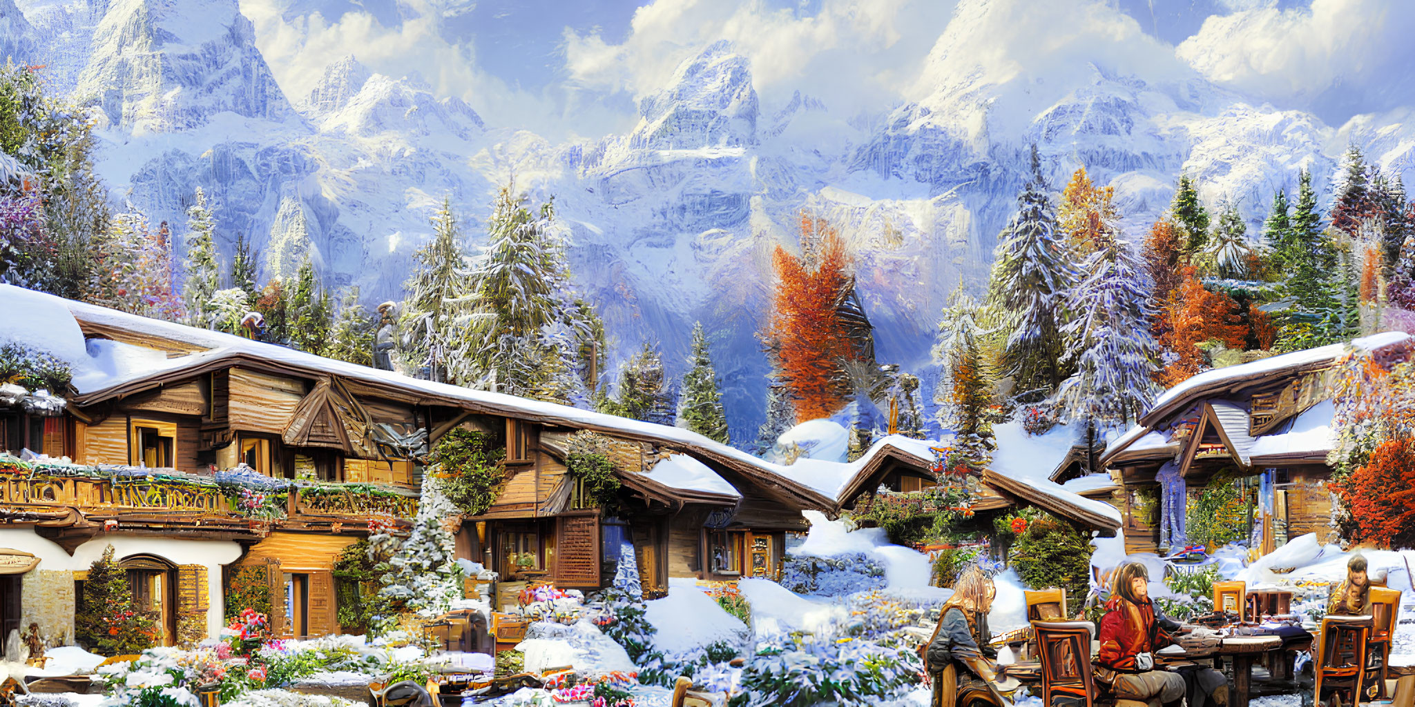 Snow-covered chalets and outdoor dining in winter scene with autumnal trees and snowy mountains.