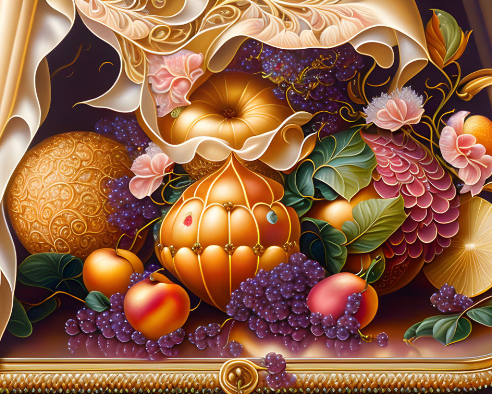 Vibrant still life with golden vases, Easter eggs, fruits, and flowers