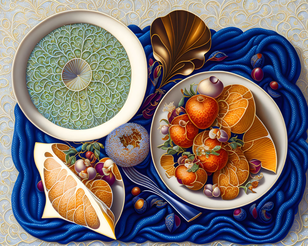 Colorful ornate bowls with fruits and nuts on textured blue fabric