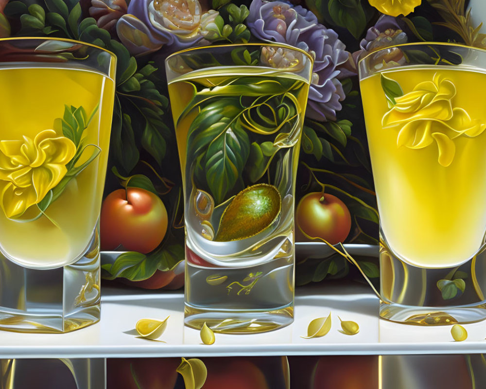 Realistic glasses with yellow liquid, lemon peels, fruits, and flowers on reflective surface