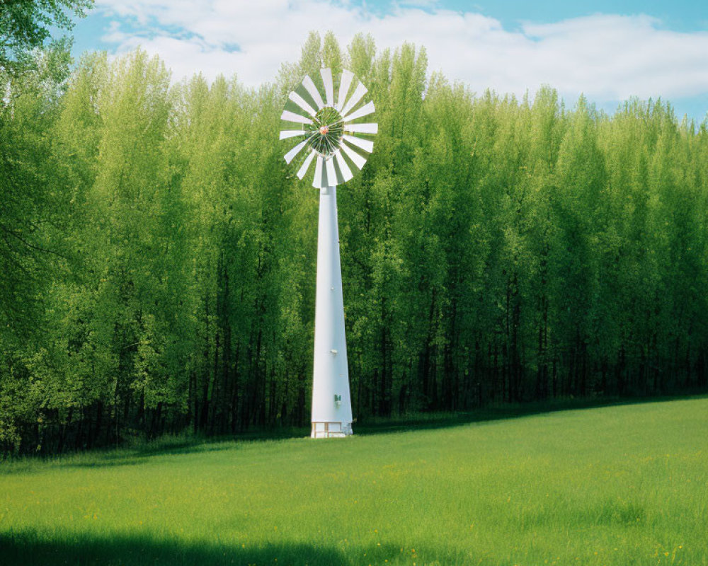 White Windmill in Green Meadow with Trees and Blue Sky