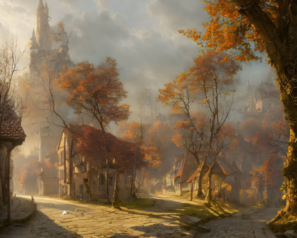 Medieval village scene with cobblestone streets and autumn leaves.