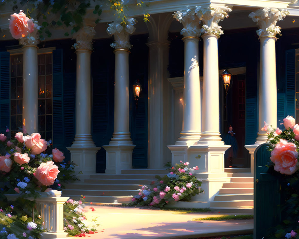 White column entrance with pink roses and warm glow at dusk