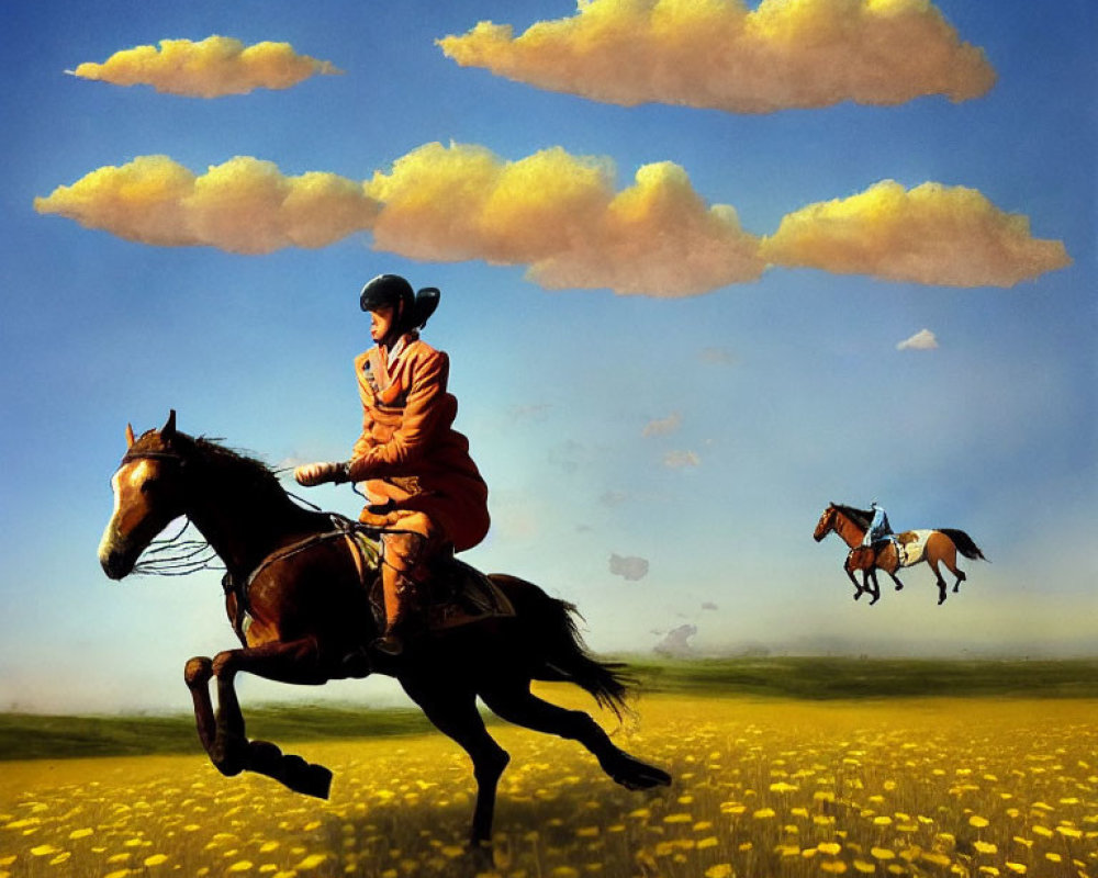 Surreal image of person riding horse in sky with yellow flowers