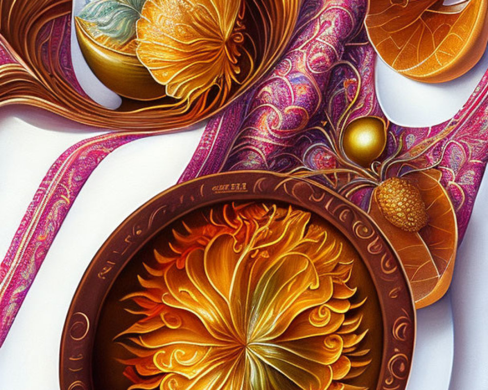 Detailed digital artwork of ornate fruit bowl on decorated tablecloth