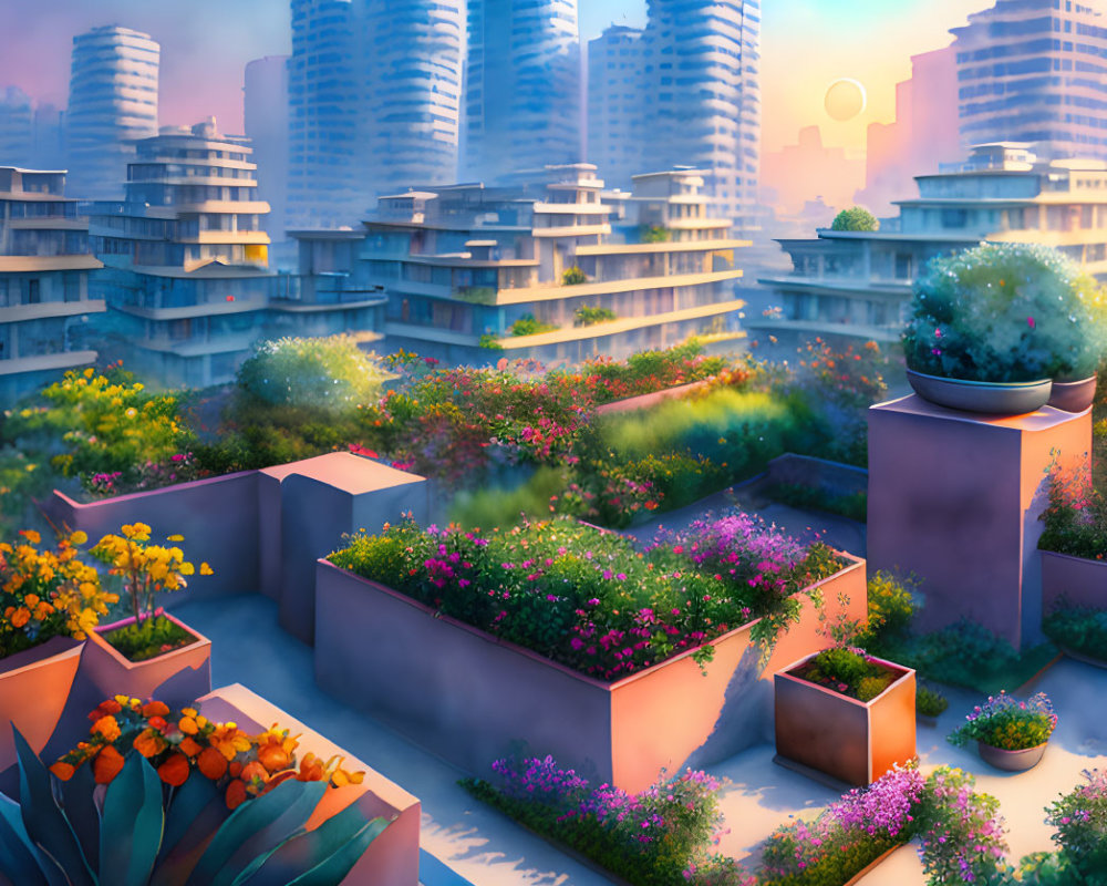 Rooftop garden with flowering plants at sunset amid high-rise buildings