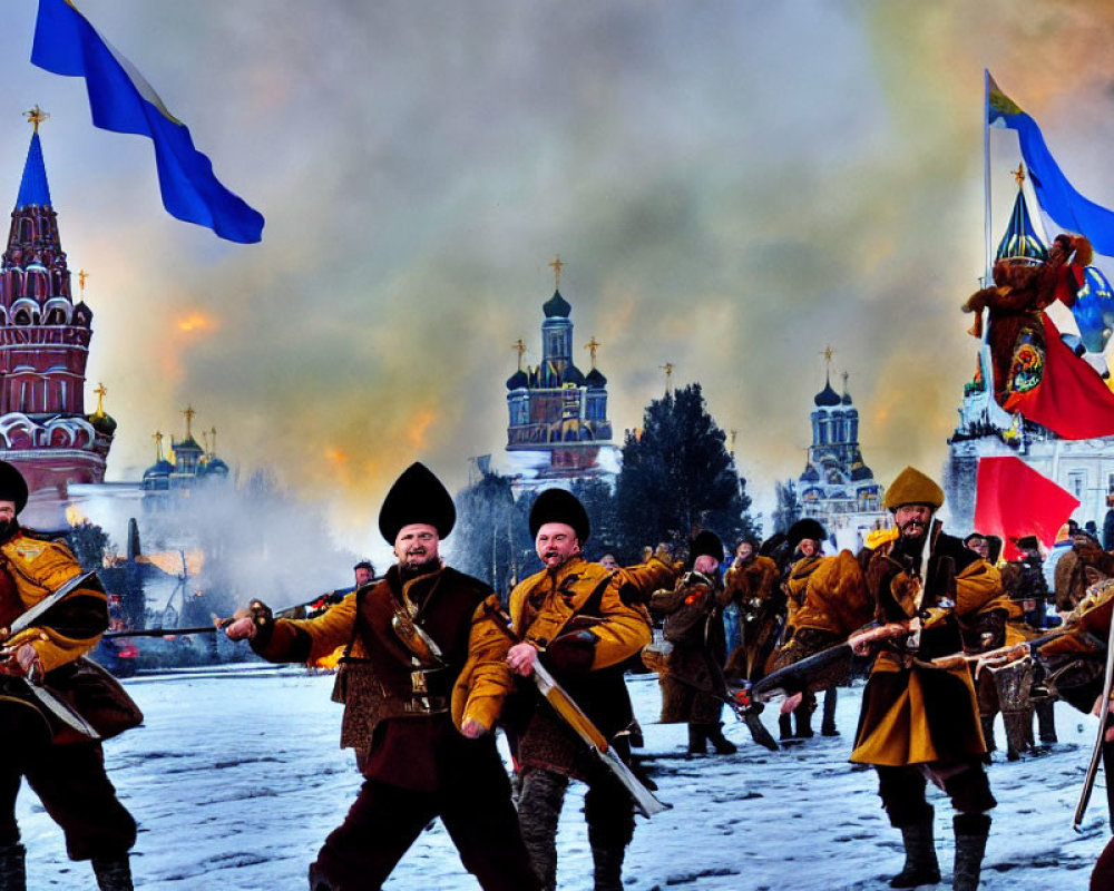 Traditional Cossack attire march near cathedral with smoke and flames