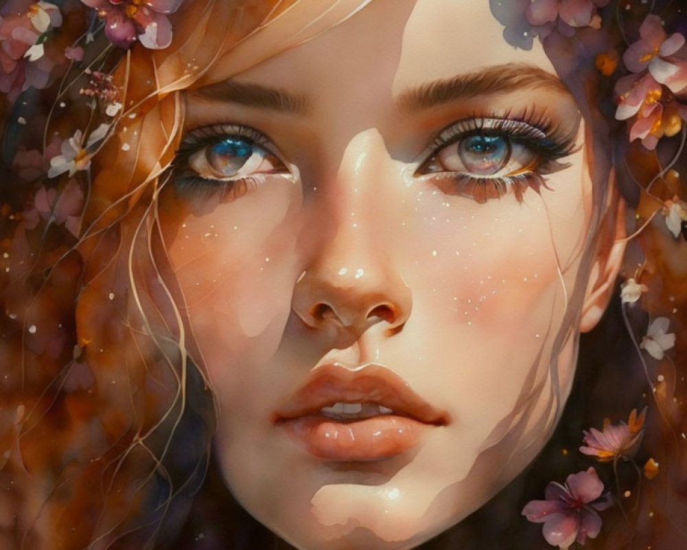 Detailed Artwork: Woman's Face with Ethereal Blue Eyes, Surrounded by Blooming Flowers and