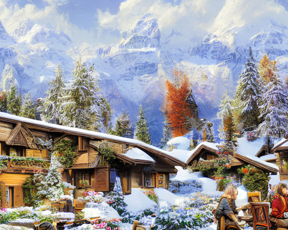 Snow-covered chalets and outdoor dining in winter scene with autumnal trees and snowy mountains.