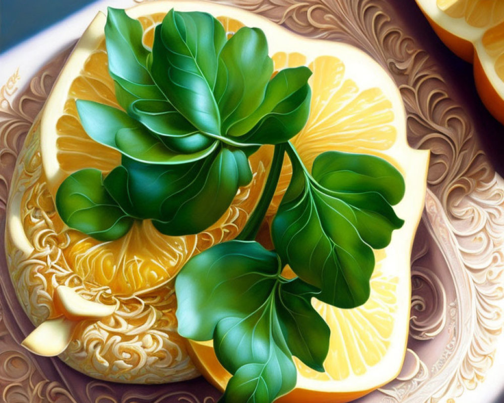 Realistic Painting of Sliced Lemons with Green Leaves on Patterned Background