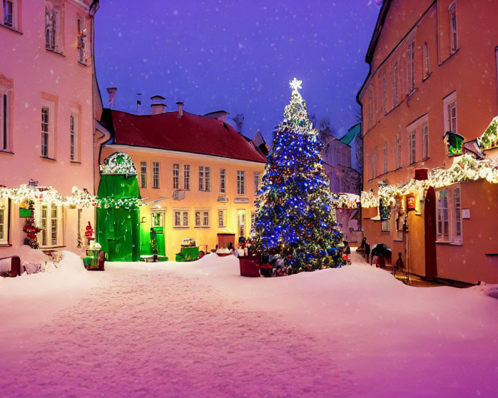 Snow-covered evening street with Christmas tree and festive decorations.