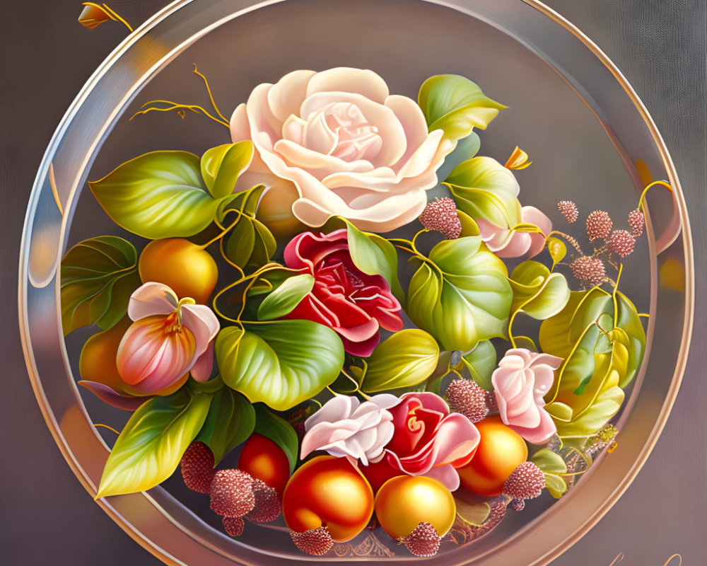 Colorful Floral Arrangement Painting with Roses and Berries on Dark Background