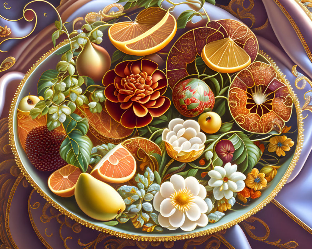 Colorful Fruit and Flower Illustration on Purple Background