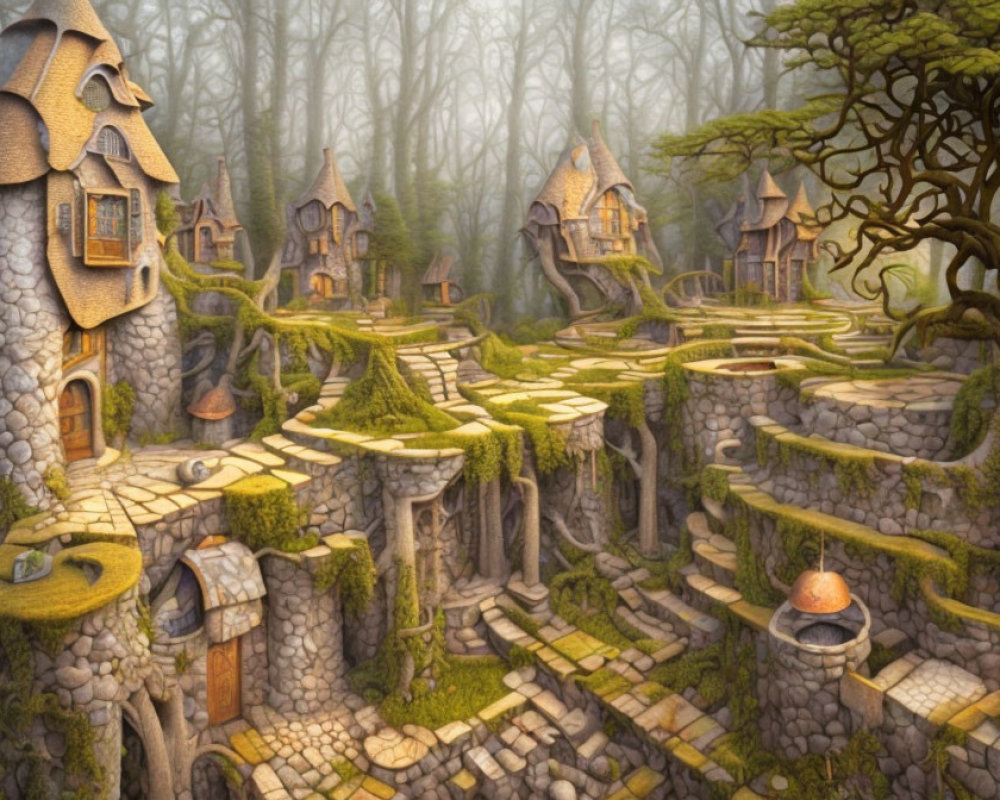 Enchanting Forest Village: Stone Houses, Mossy Pathways, Twisted Trees