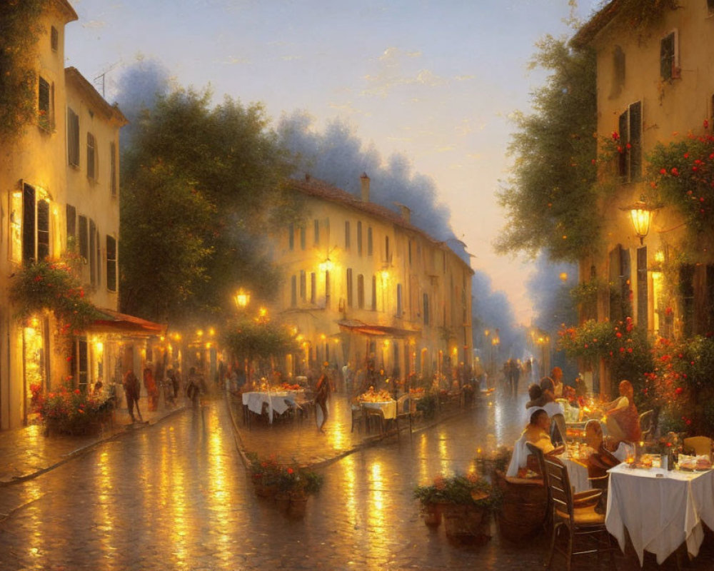 European Street Scene with Outdoor Dining and Hanging Flowers