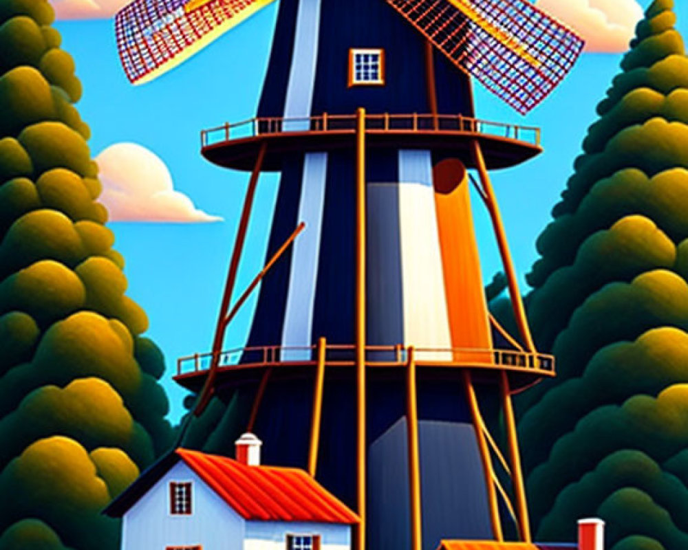 Colorful windmill surrounded by trees, wheat field, and house.