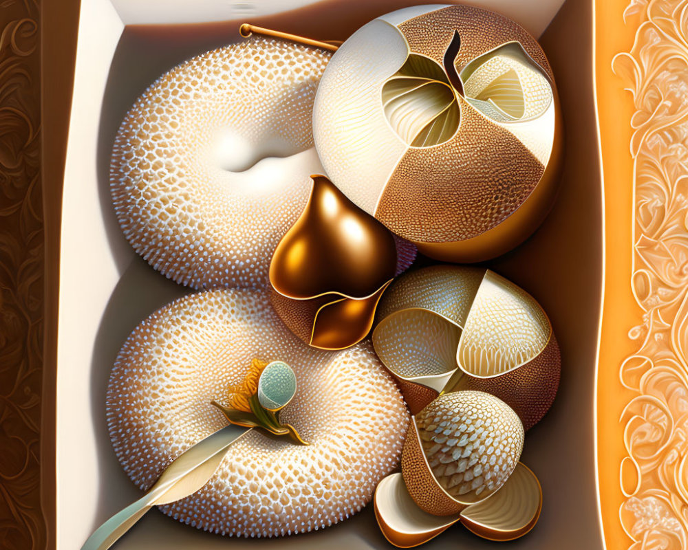 Hyper-realistic golden-themed fruit bowl illustration with textured fruits and metallic gold spoon on decorative background.