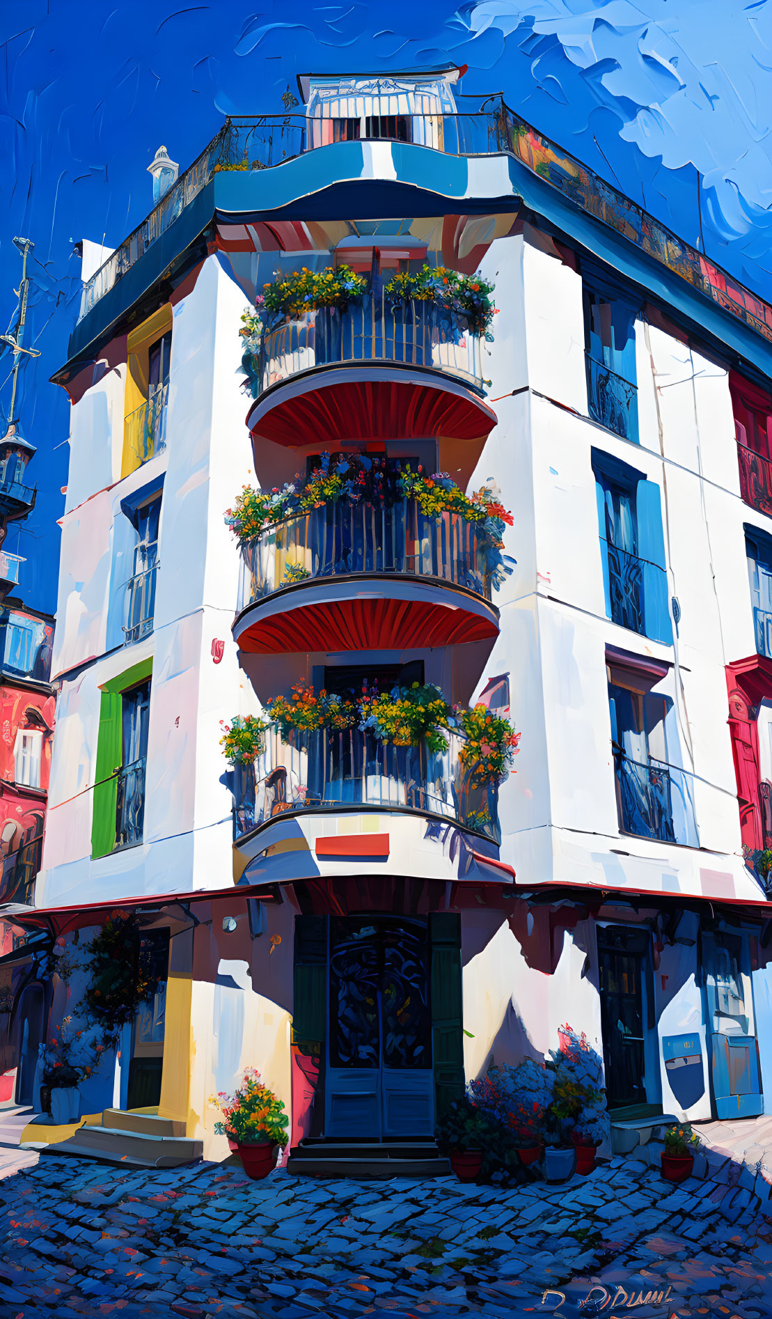 Colorful illustration of multi-storied building with flower-filled balconies under blue sky