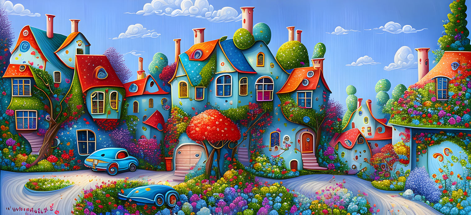 Colorful Whimsical Street Scene with Quirky Houses & Lush Trees