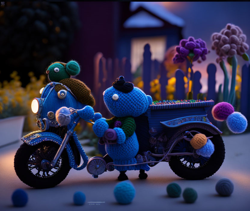 Knitted toy characters on miniature motorcycle with sidecar in colorful yarn balls scenery