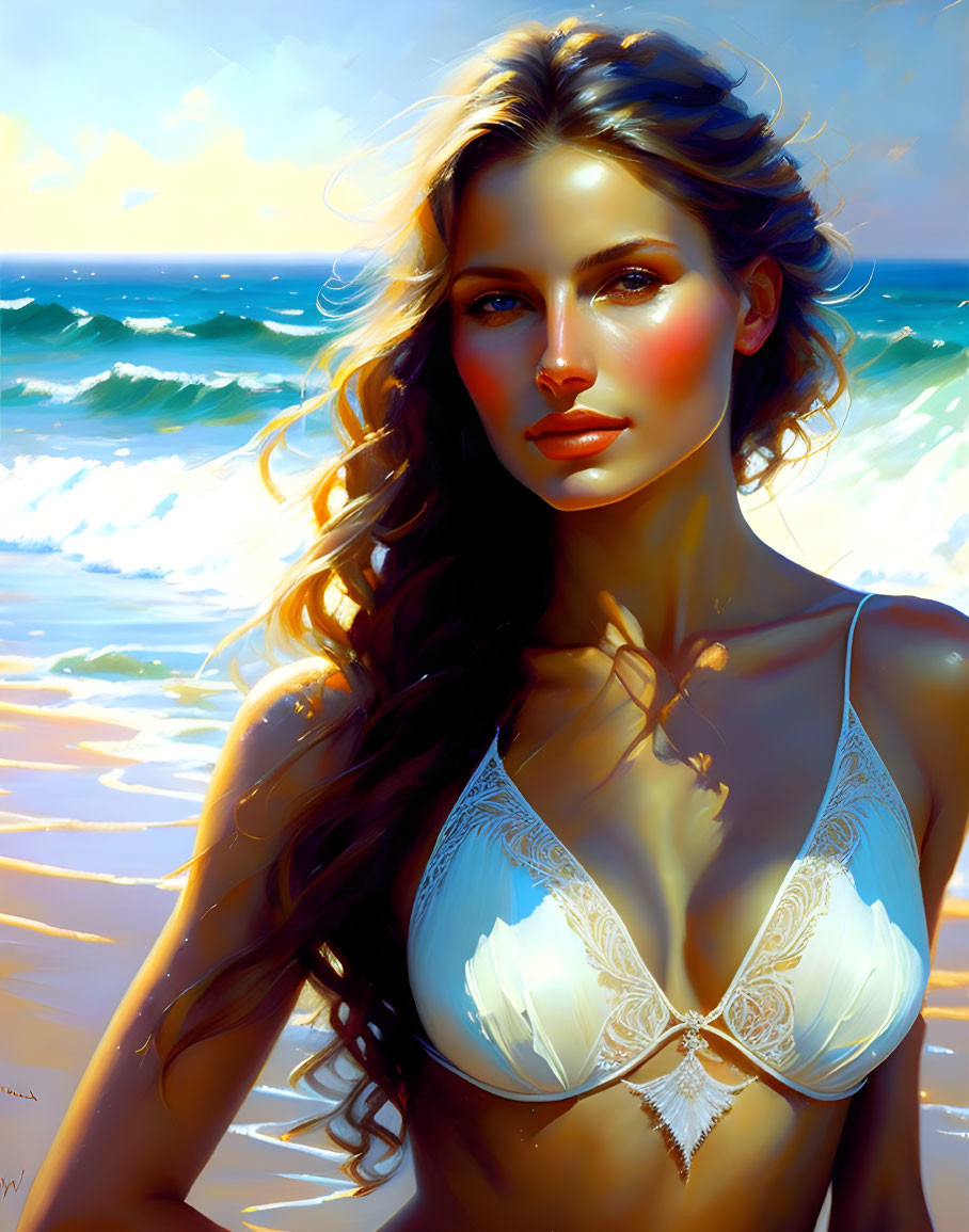 Digital artwork of woman in white bikini on sunny beach