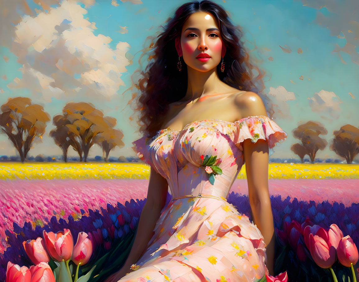 Woman in Floral Dress Surrounded by Tulips in Vibrant Landscape