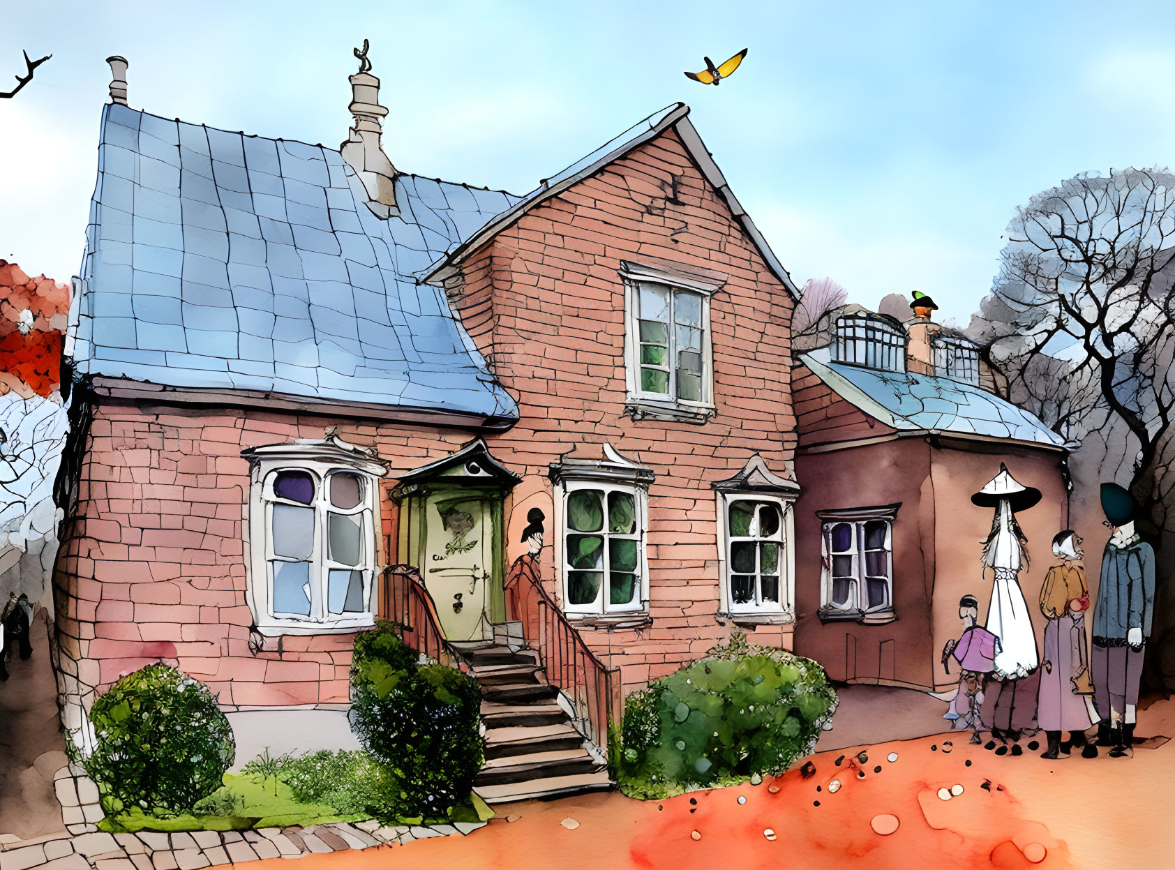 Quaint house with blue roof, chimney sweep, family, and dog illustration