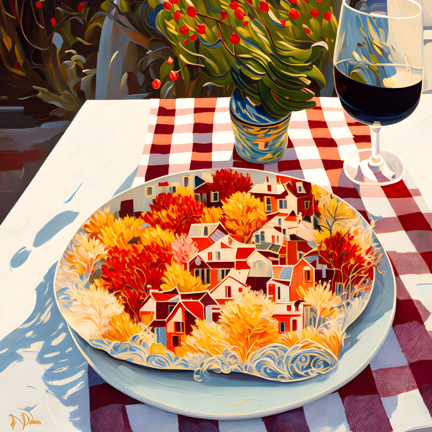 Plate with autumn village scene, red wine, and red berries.