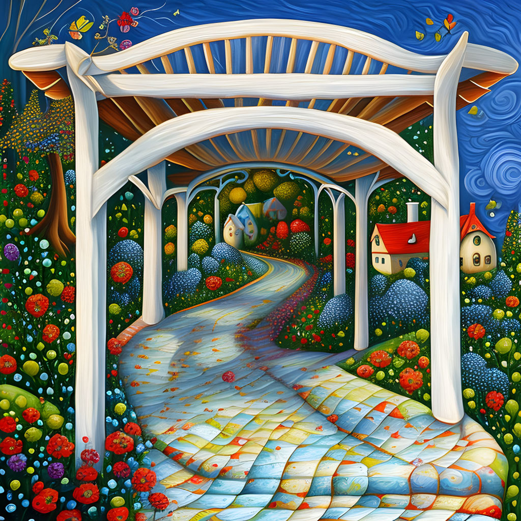 Colorful painting of winding path, whimsical houses, flowers, white bridge, and blue swirl sky