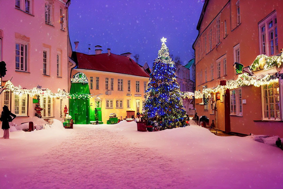 Snow-covered evening street with Christmas tree and festive decorations.