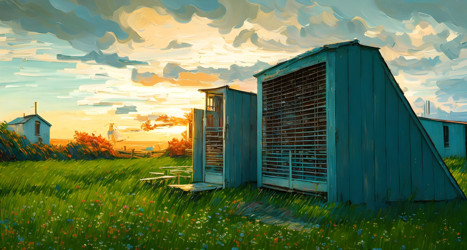 Rural sunset painting with corn cribs and vibrant sky