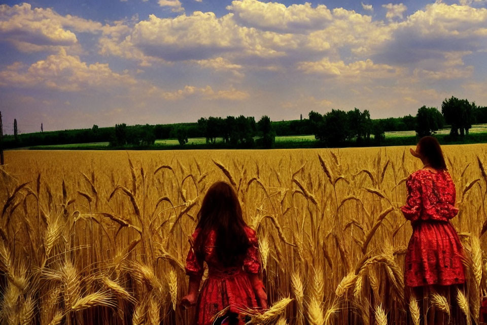 Two people in red attire in wheat field under cloudy sky with trees and power lines.