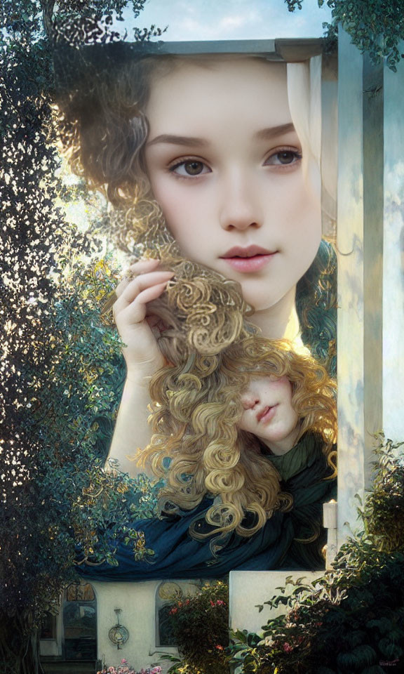 Surreal image of two females with flowing curly hair among foliage