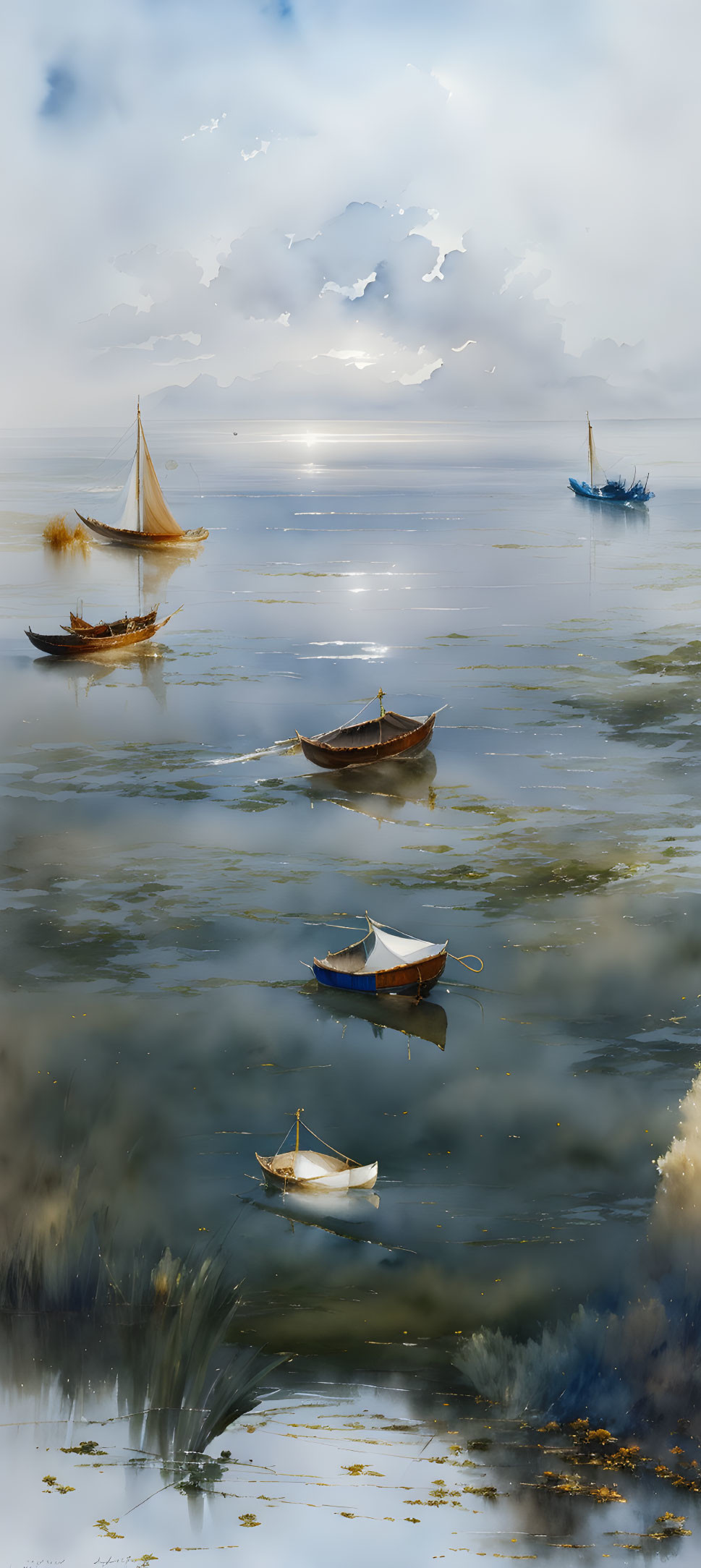 Serene seascape with boats, sunny skies, and lush greenery