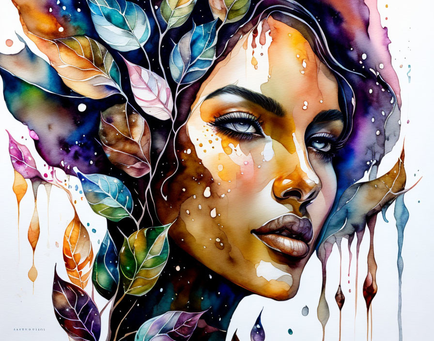 Colorful Watercolor Illustration of Woman with Leaves in Hair