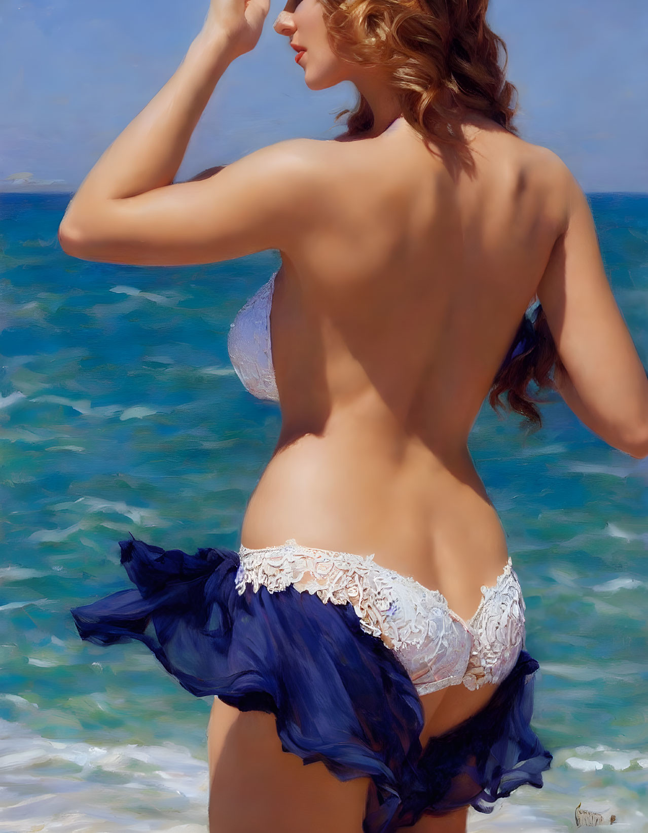 Woman in blue skirt by the sea gazing at horizon