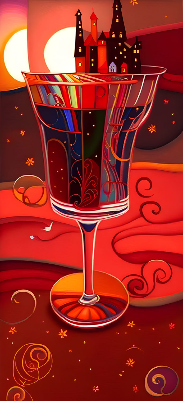 Whimsical artwork of castle on wine glass under red twilight sky