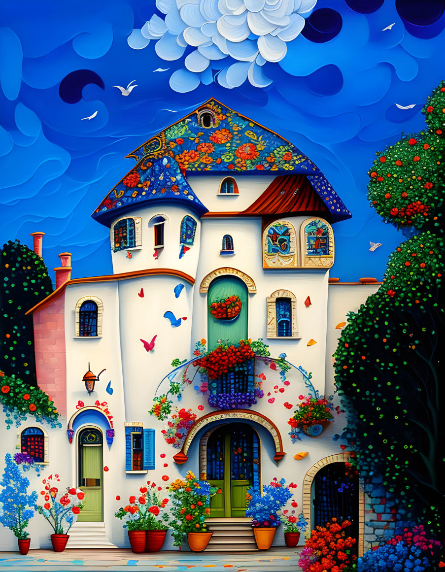 Colorful multi-story house with vibrant flowers and birds against a stylized sky